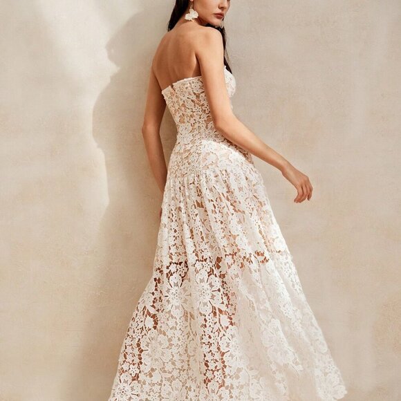 White Elegant Women's Heavy-Embroidered Lace Strapless Romantic Floral Dress - Picture 2 of 7